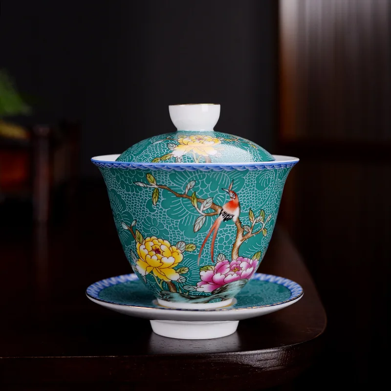 Hand-painted Dried Flower Covered Bowl, Green Tea Set, Blue and White Tea, Sancai Cover, Pink