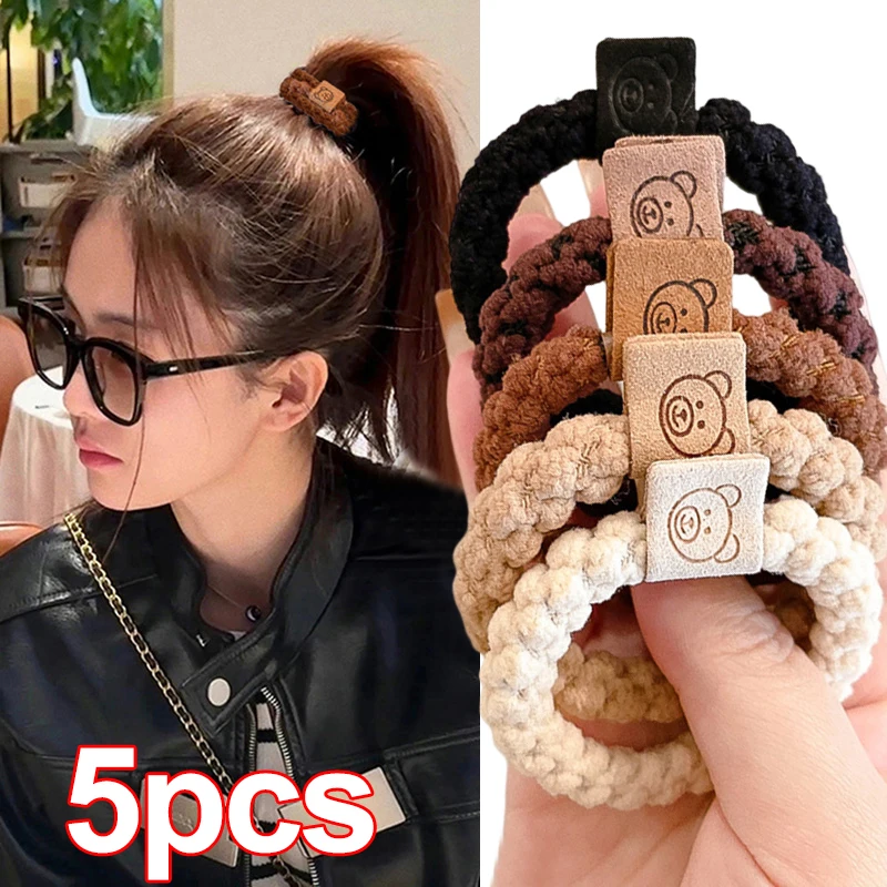 1/5Pcs Women Coffee Bear Nylon Elastic Hair Bands Hair Ties Ponytail Holder Rubber Bands Scrunchie Headwear Hair Accessories 25mm 1 inch 1 35mm thickness dark coffee herringbone tape nylon webbing ribbon for diy bag strap camera strap seat belt