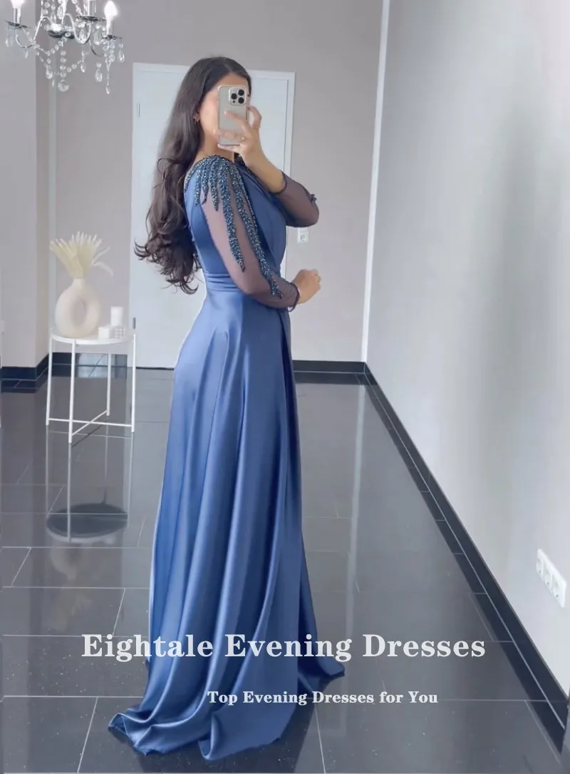 Eightale Elegant Evening Dress Satin Long Sleeves Beaded A-Line Prom Gowns Celebrity Wedding Party Dress Vestidos De Noch