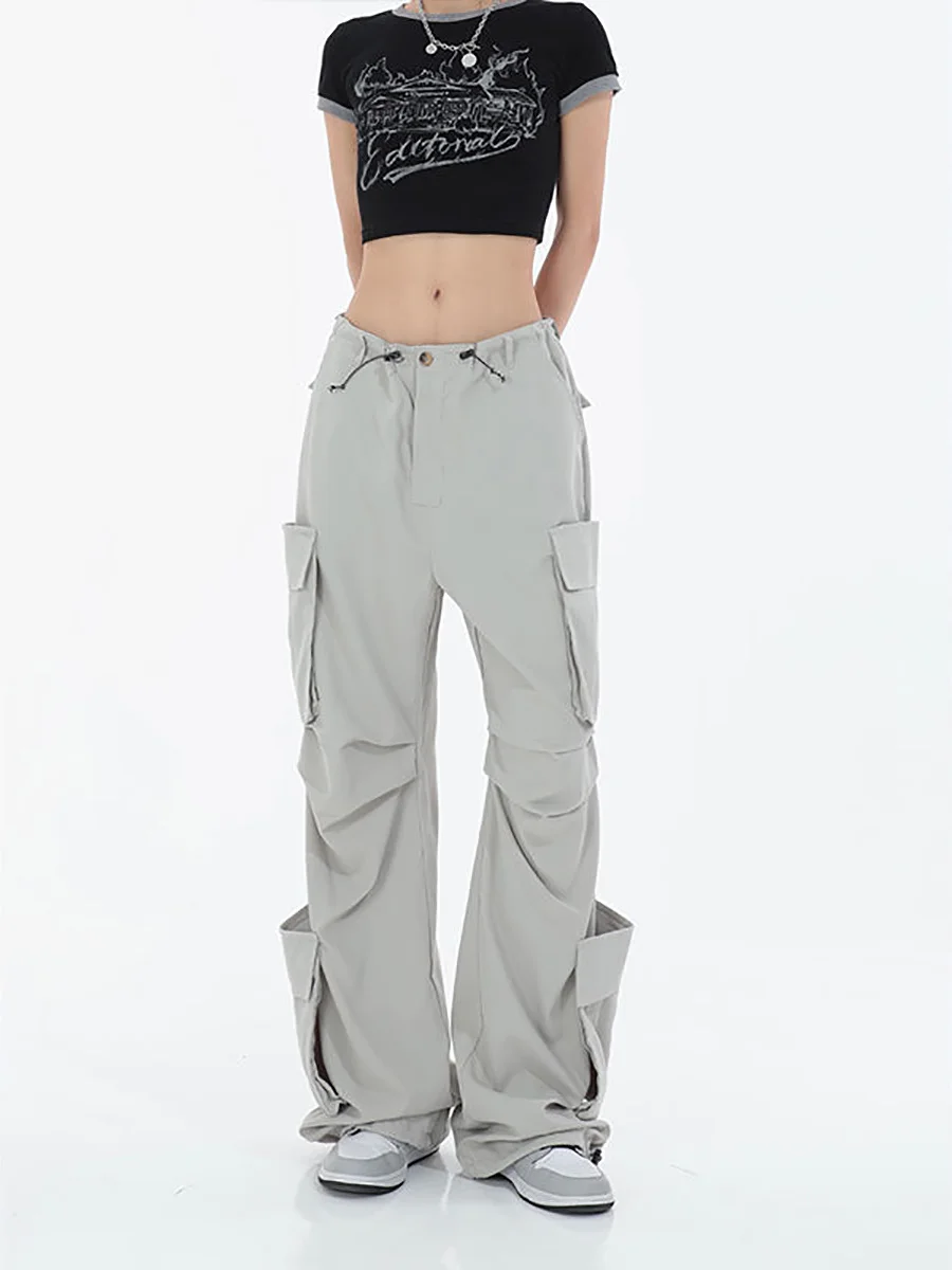 Gray Retro Straight Leg Pants With Large Pocket Draw Rope Fold Casual Women's Sports Leg Pants Y2k Loose Moped Pants