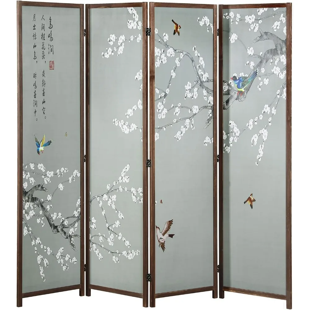 Asian-Inspired Cherry Blossom and Bird Folding Room Divider with Poetry Calligraphy on Brown Wooden Frame