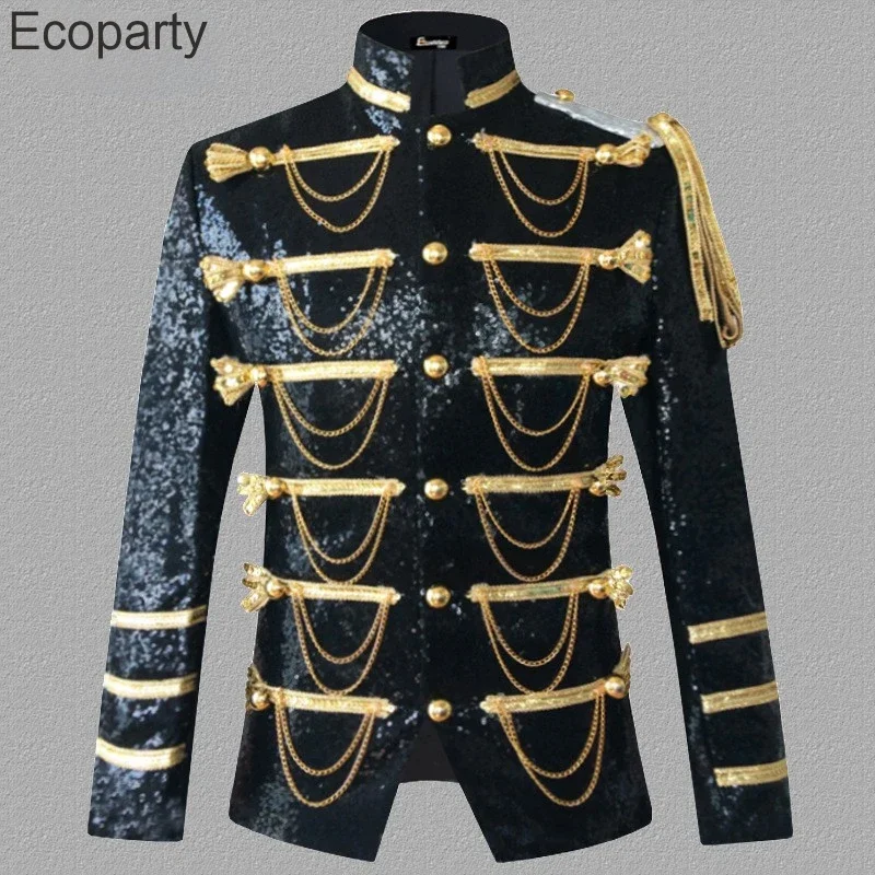 New Men's Fashion Tassels Sequin Blazer Jacket Male Stage Show Punk Military Dress Tuxedo Coat Singer Uniform Dj Costume Homme