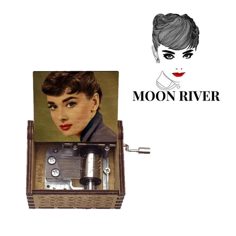 Audrey Hepburn Hand Music Box Moon River Song Theme Wooden Movie Fans Birthday Christmas Gifts Decoration