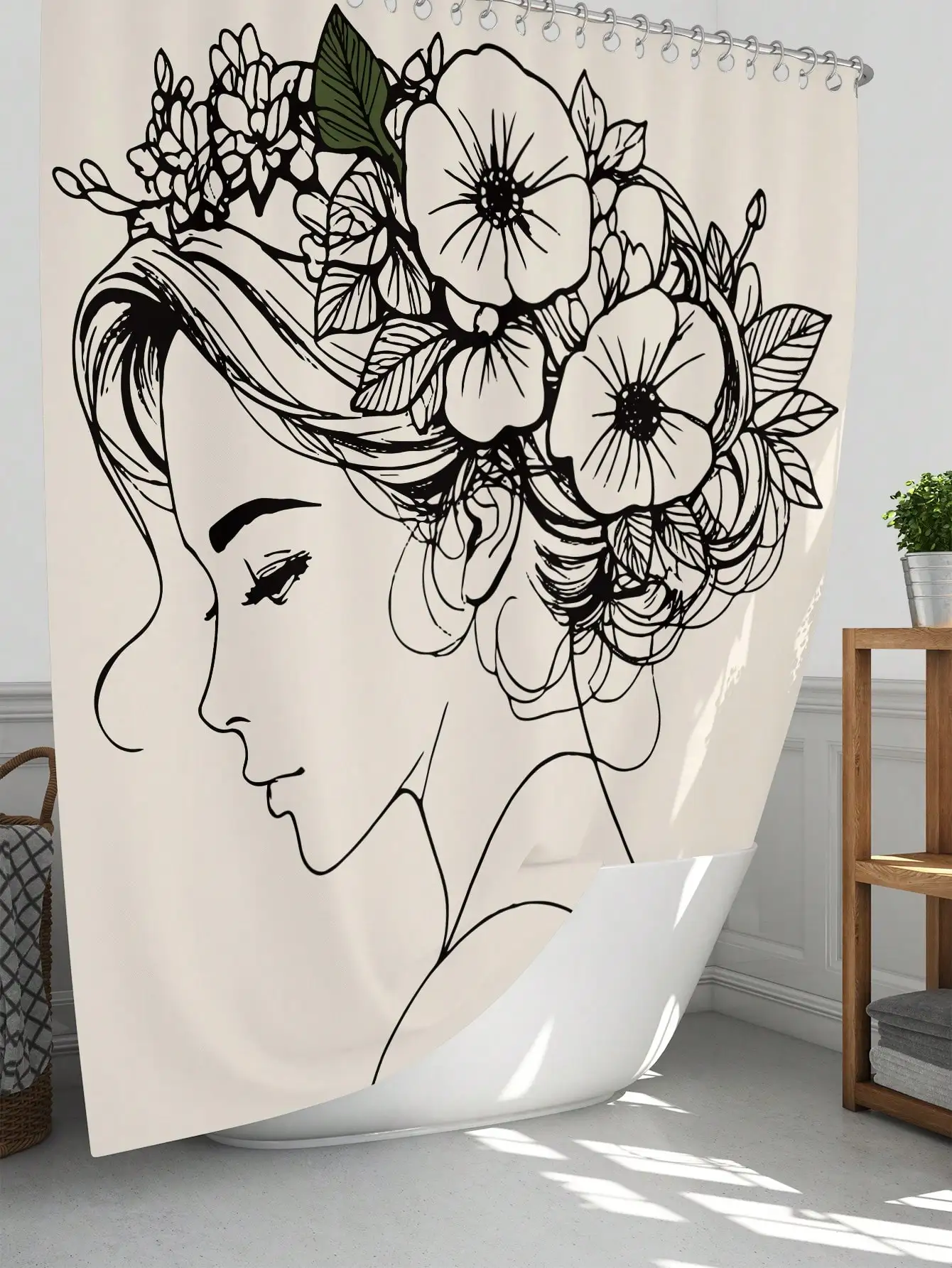 4pcs Minimalist Black Line Charm Ladies Bathroom Set Including Waterproof Shower Curtain Applicable For Full Bathroom Scenes 4