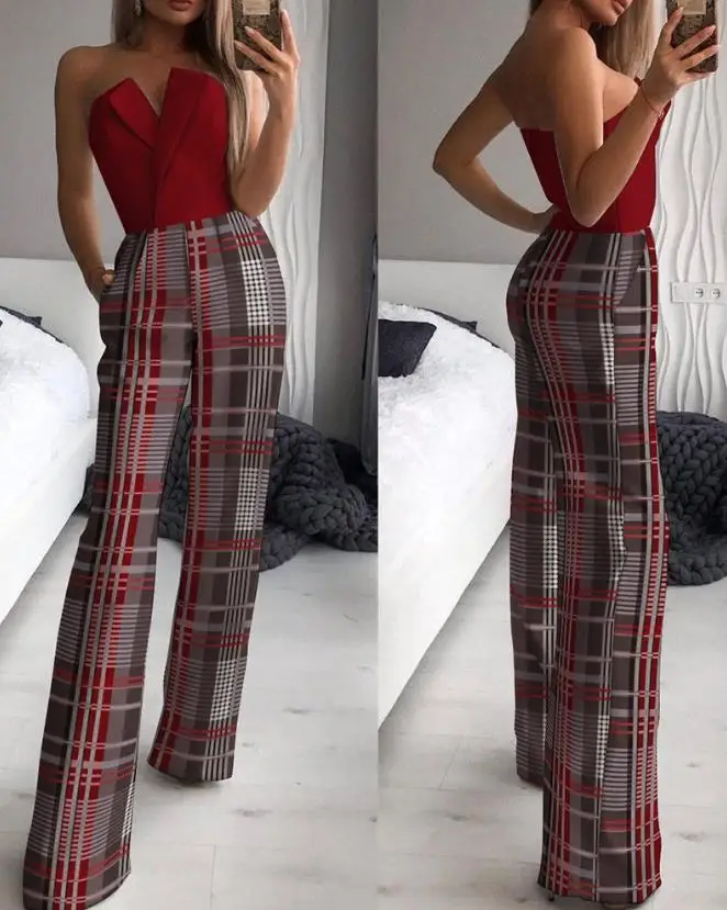 Woman Sexy Plaid Print Straight Leg Tube Jumpsuit Women's Clothing New Fashion Women Bandeau Long Jumpsuits