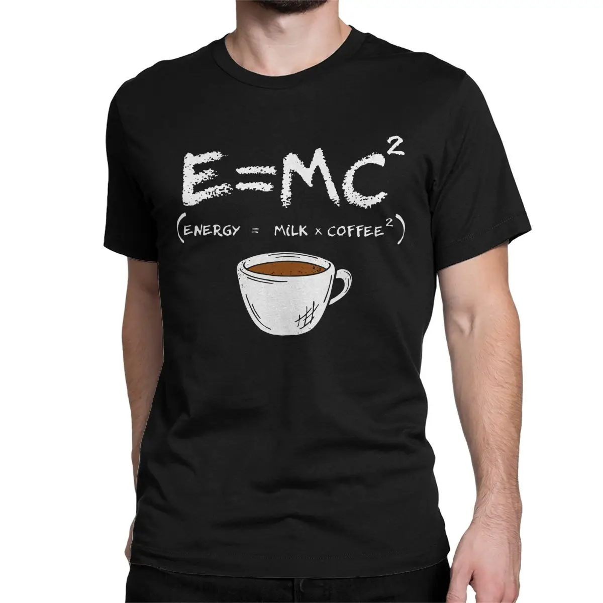 thumbnail image 1 of Camisetas de algodón para hombre y mujer, con cuello redondo y manga corta, con fórmula física E = MC2, de energía=leche+café., 1 of 7