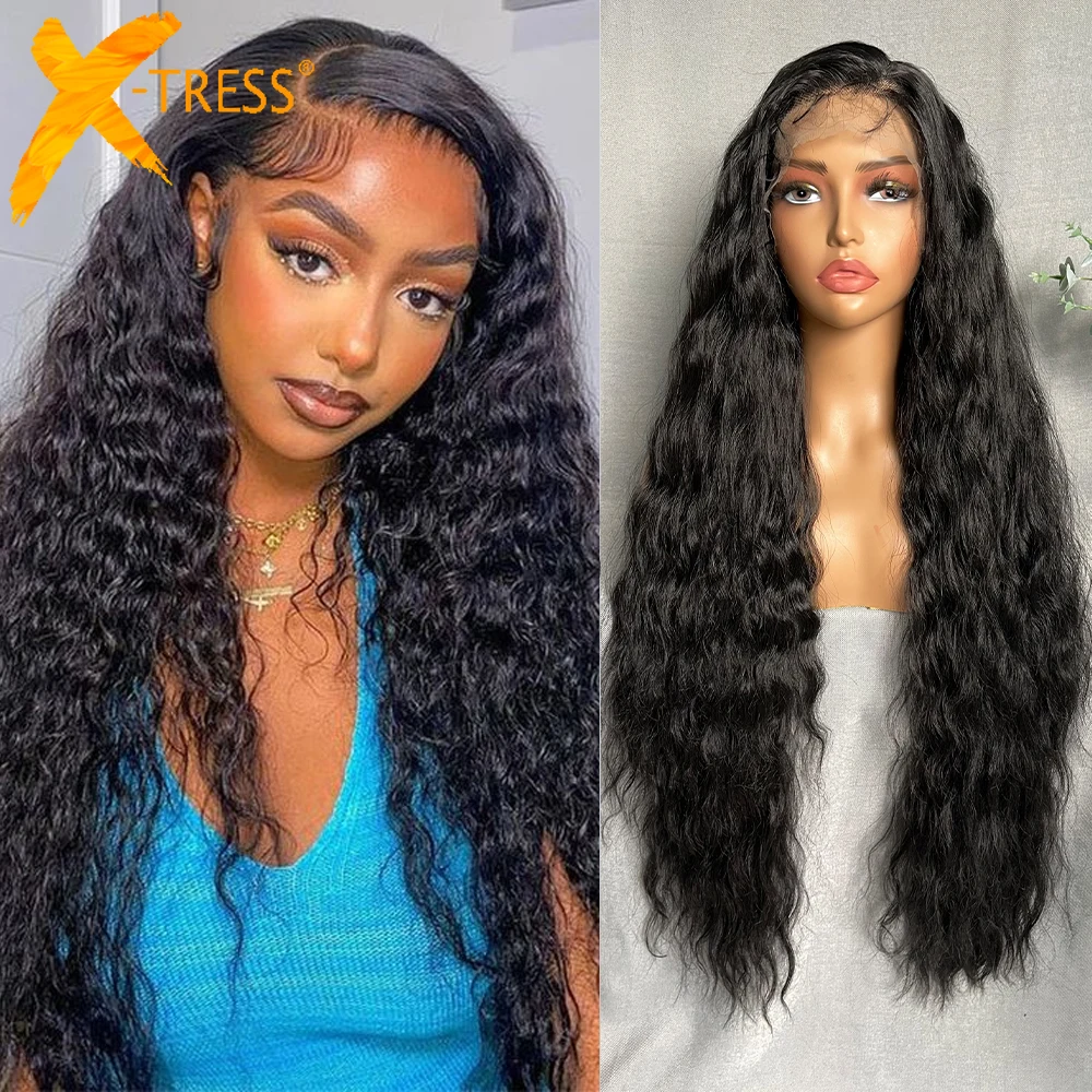 X-TRESS Long Curly Synthetic Lace Frontal Hair Wigs for Black Women 34" 13X6 Lace Front Soft Wig with Baby Hair Natural Looking