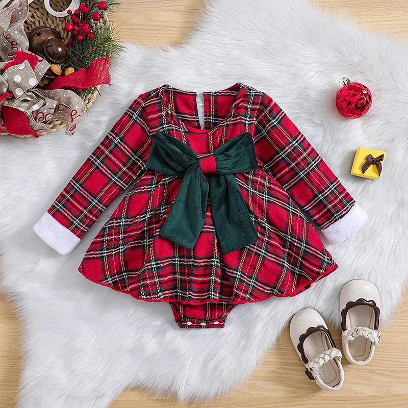 

2023-08-04 Lioraitiin 0-18M Infant Baby Girls Christmas Romper Dress Plaid Print Long Sleeve Round Neck Jumpsuit With Bow