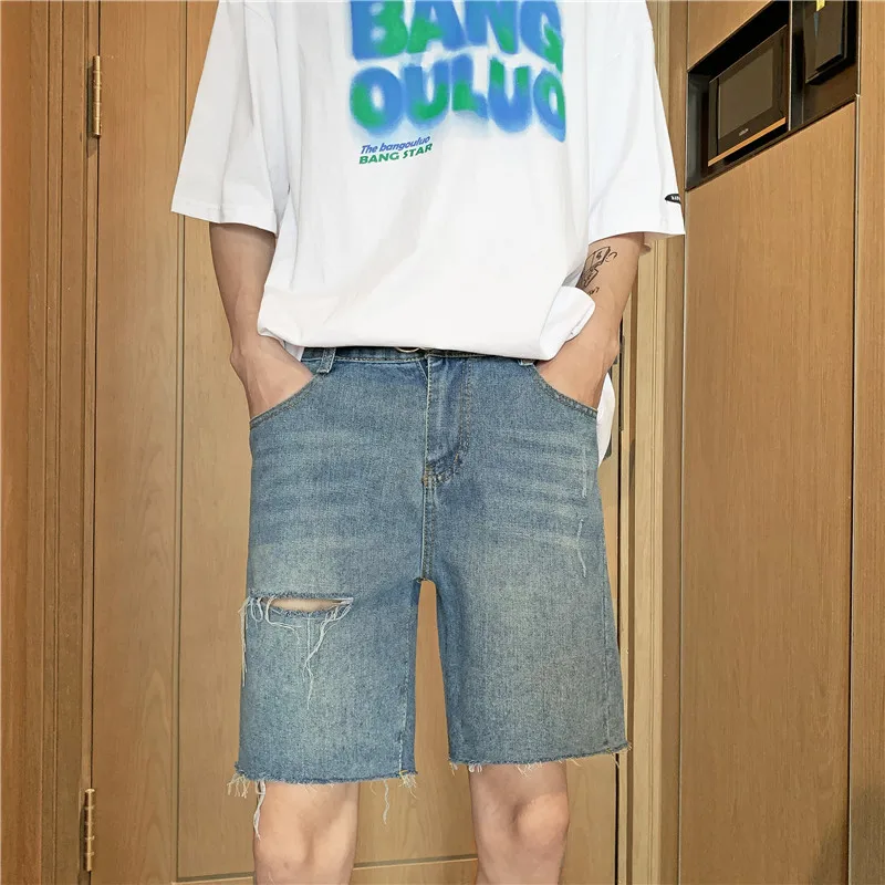 용수철 여름 남성용 짧은 의류, 해변 찢어진 청바지, 데님 코튼 바지, 캐주얼 비즈니스 소셜 남성 반바지, A116, 2024 신제품
