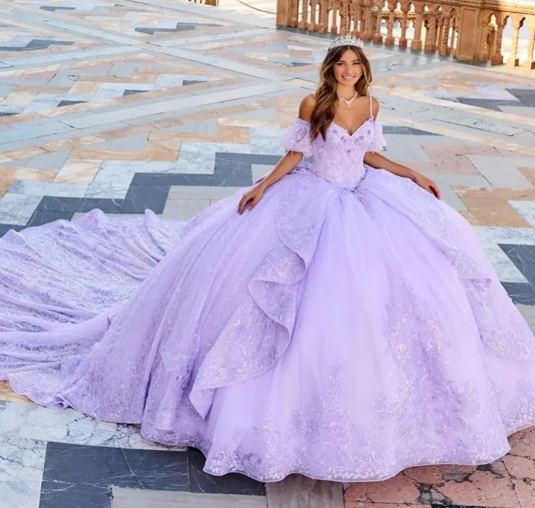 

Lorencia Lavender Princess Puffy Quinceanera Dress Off Shoulder Applique Lace Beads Sweet 16 15 Dress Vestidos De Fiesta YQD543