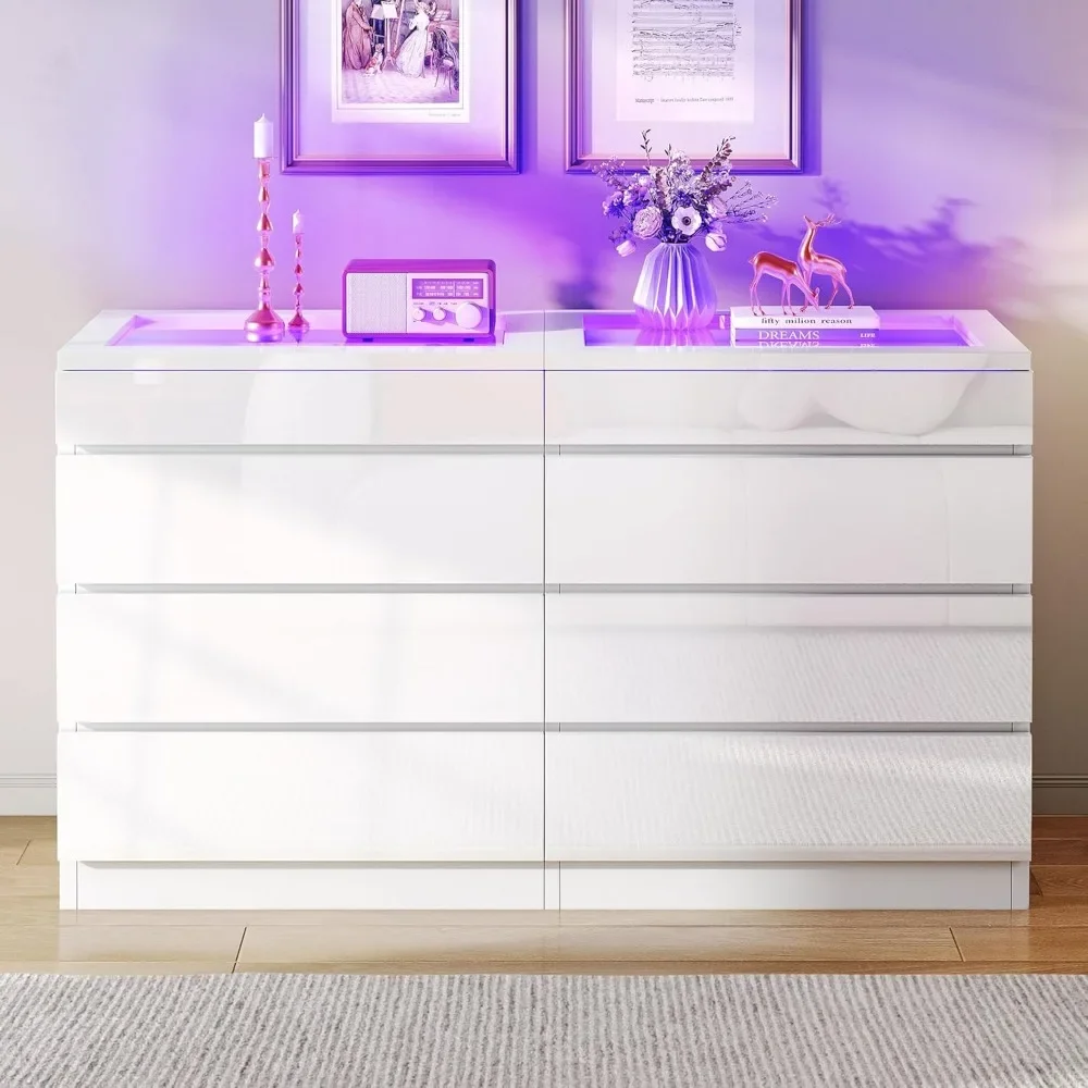8 Drawer Dresser w LED,White Dresser, 8 Chest of Drawers w Deep Drawers Glass Top High Gloss Surface,Storage Organizer Cabinet 3
