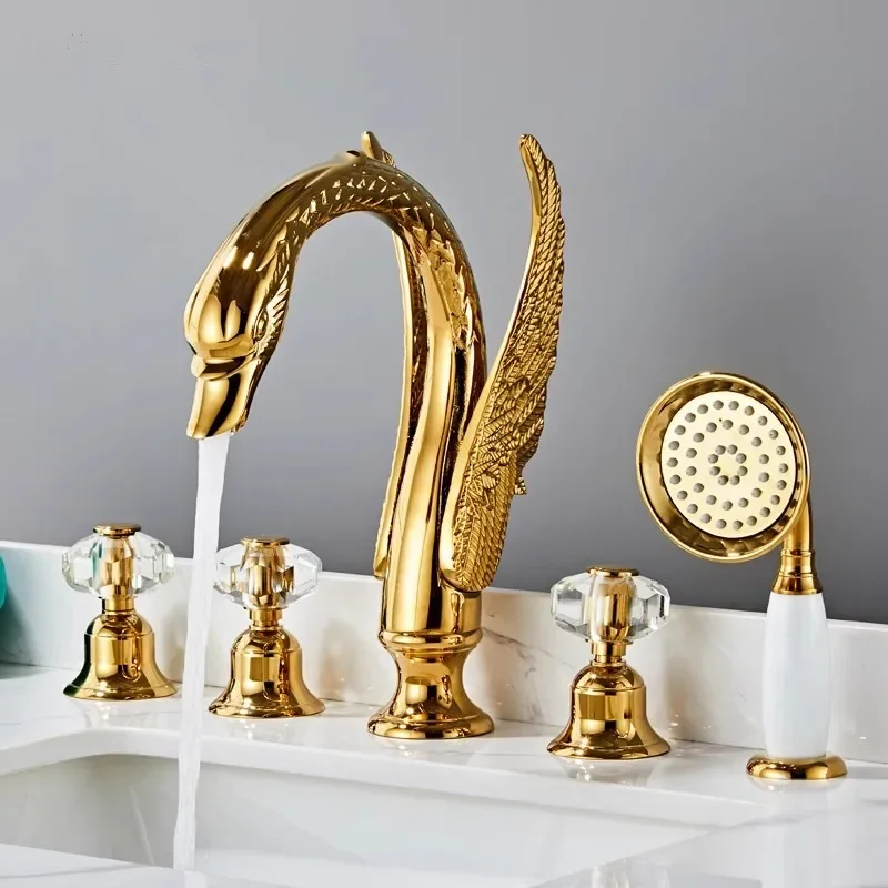 

Gold Swan Bathtub Faucet Set Widespread Tub Sink Mixer Tap Brass Crystal Bathroom Bath Shower Faucet with Hand shower Head