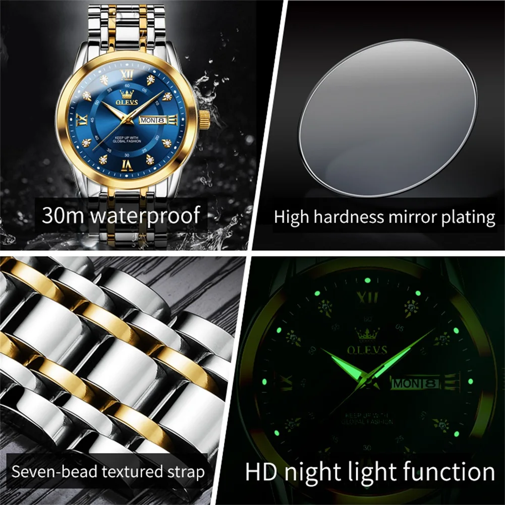OLEVS Luxury Men Quartz Watch Waterproof Date Week Luminous Wristwatch Stainless Steel Men's Watches Male Clock Sports Reloj