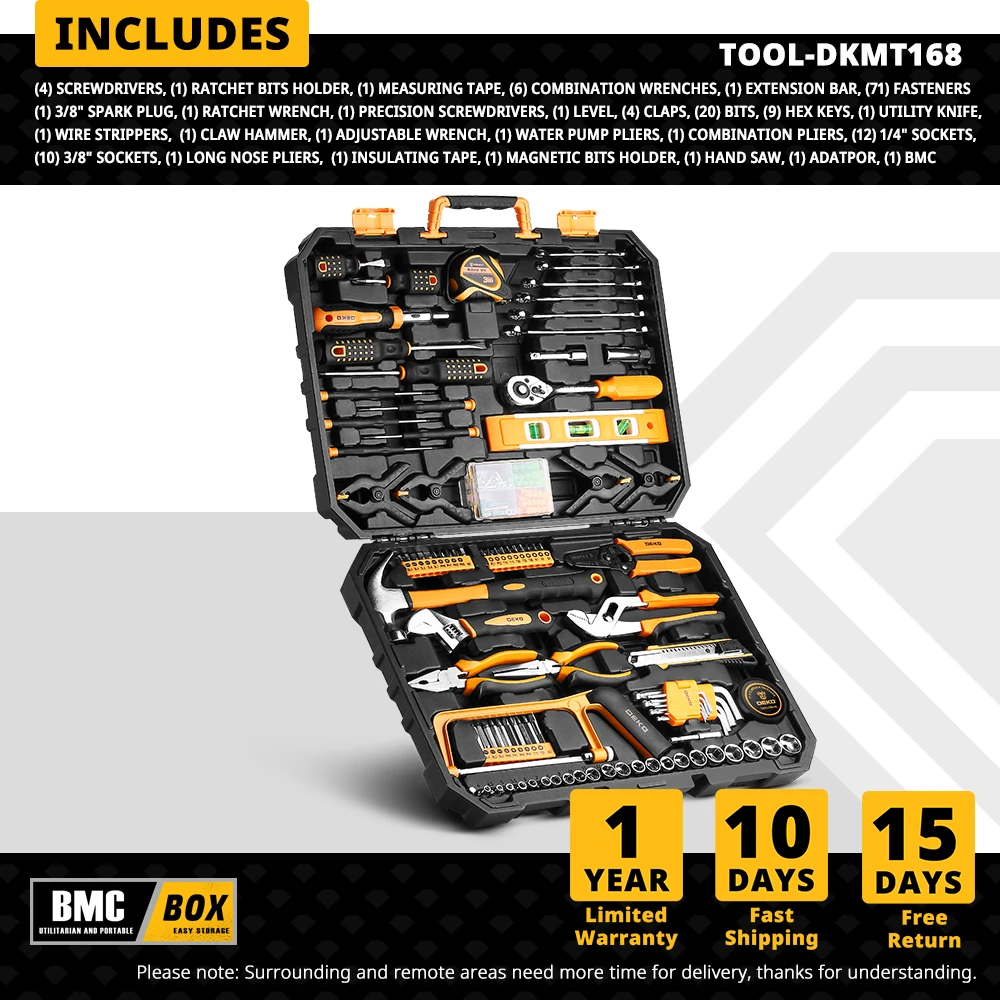 DEKO 168 PCS Socket Wrench Auto Repair Tool Combination Package Mixed Tool Set Hand Tool Kit with Storage Case Screwdriver drill set handheld power drills Tool Sets