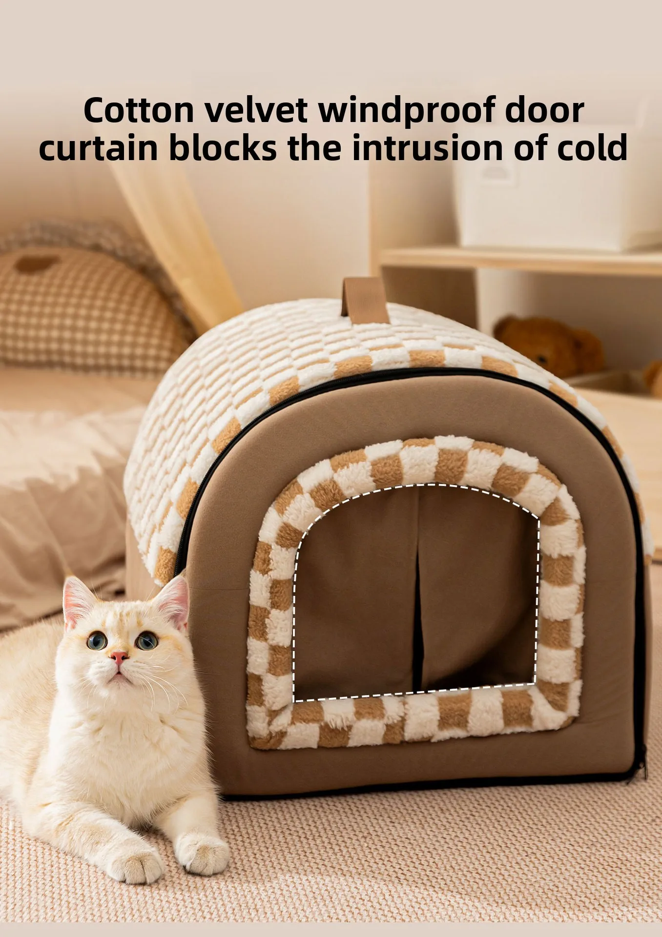 A light-colored cat sitting next to the brown checkerboard house bed, highlighting the cotton velvet windproof door curtain designed to block cold air and provide a private sanctuary.