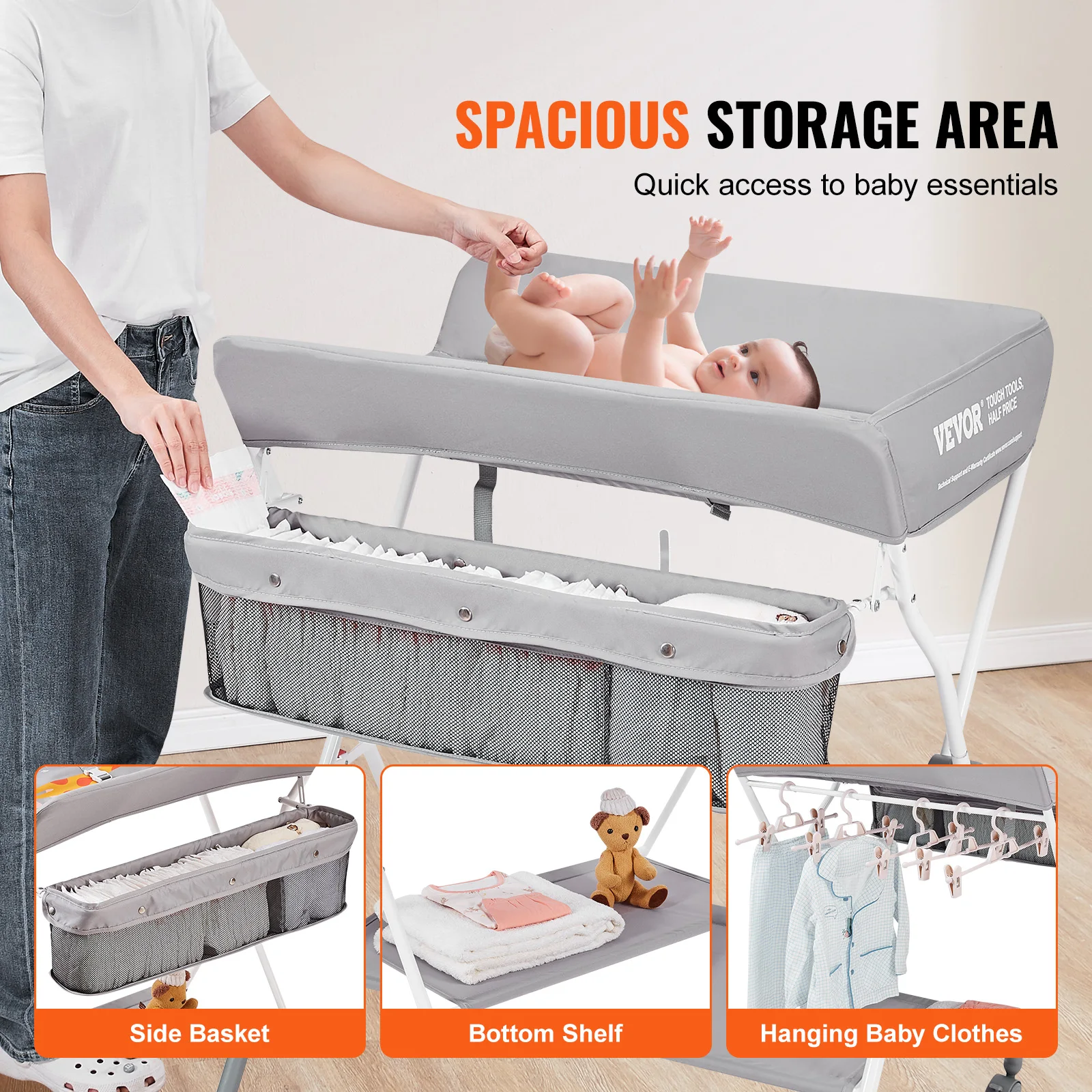 VEVOR Baby Changing Table Folding Diaper Changing Station Lockable Wheels 3 level Adjustable Heights for Newborns Infant
