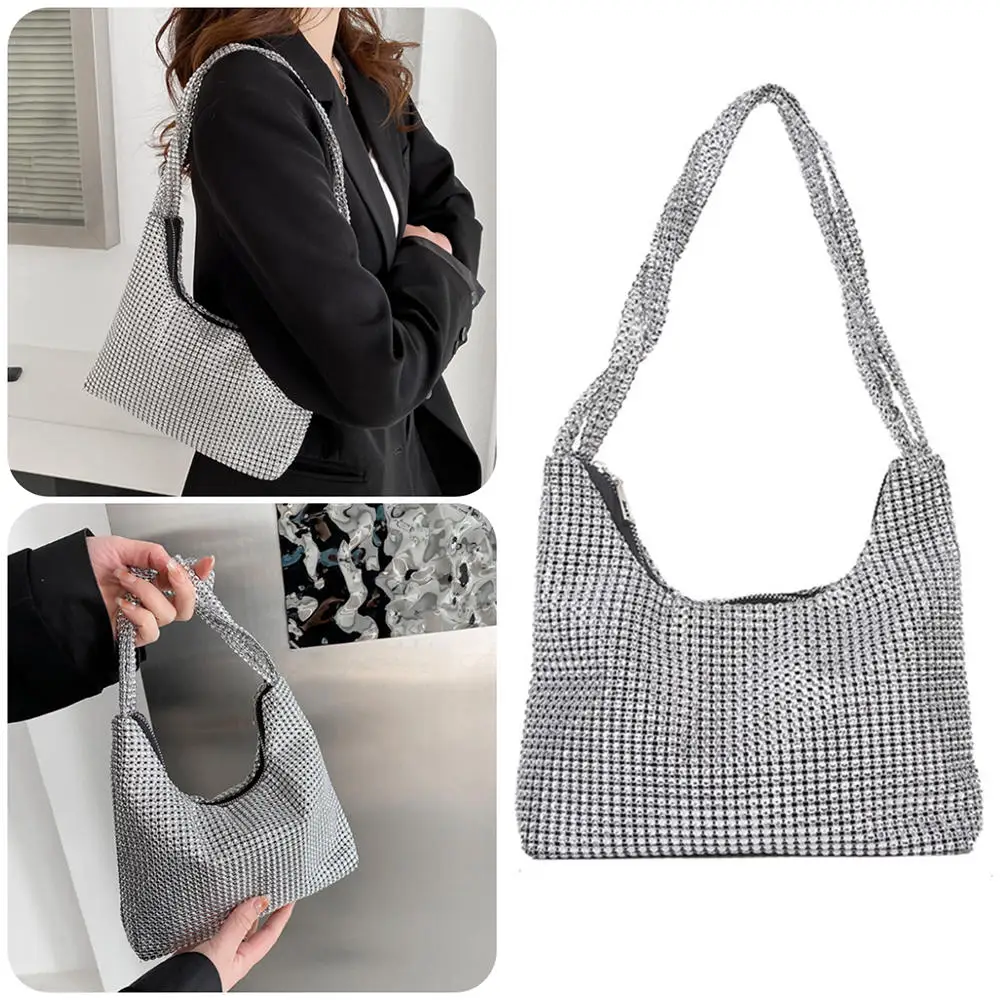

Fashion Silver Shiny Purse Bag Full Rhinestone Underarm Bag Evening Bag Wedding Shoulder Bag Dinner Party Personalised Handbag