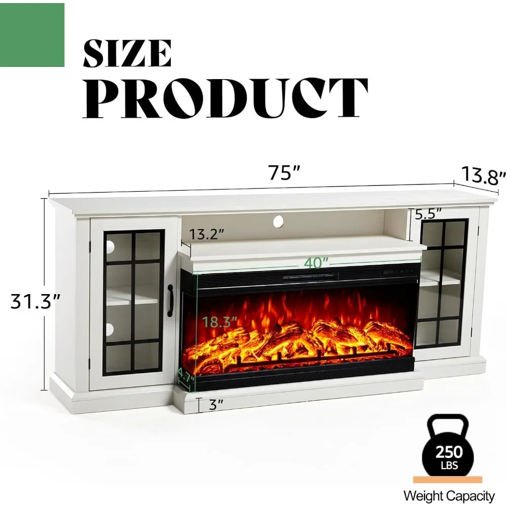 75in 3-Sided Glass Fireplace TV Stand for TVs up to 85", Rustic Media Entertainment Center Console Table 4