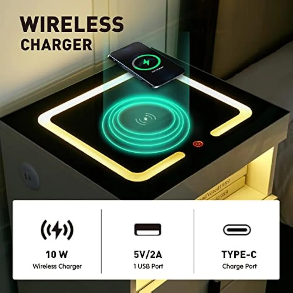 Nightstand Wireless Charging Station & USB Type C Ports, Minimalist Night Stand with LED Light 3 Colors & Adjustable Brightness