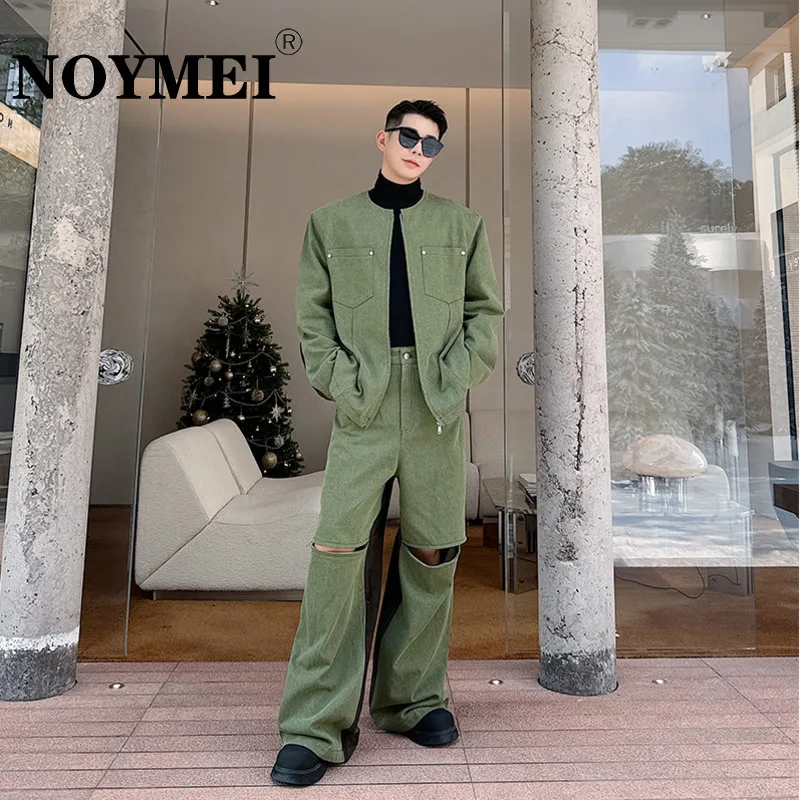 

NOYMEI Green Patchwork Washed Denimhole Design Pants Round Neck Jacket Corduroy Men's Two Pieces Set 2024 Spring New WA3819