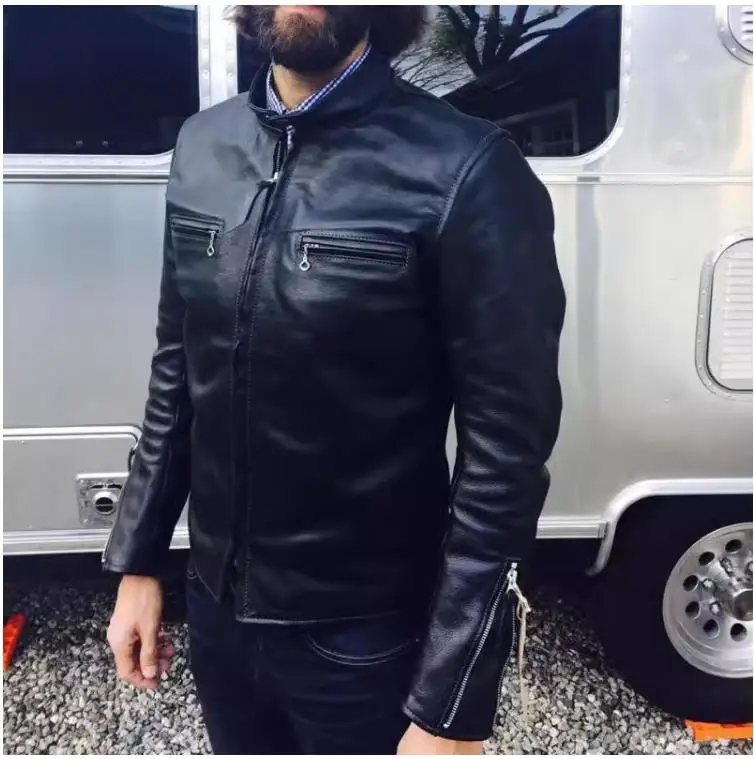 

Free shipping.Super sales.Classic motor Rider J100 style leather coat.Men 100% Real horsehide jacket.Cool Slim leather outwear