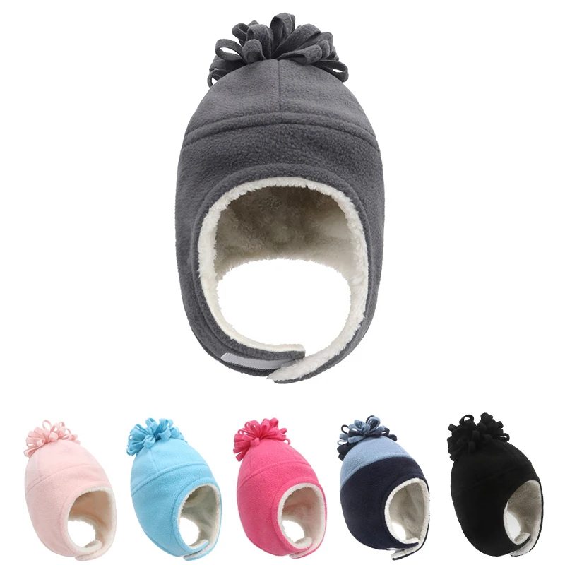 Cute Flower Baby Hat Earflap Cap 1-4Y Winter Autumn Polar Fleece Thick Boys Girls Hats Solid Toddler Windproof Warm Hats Kids
