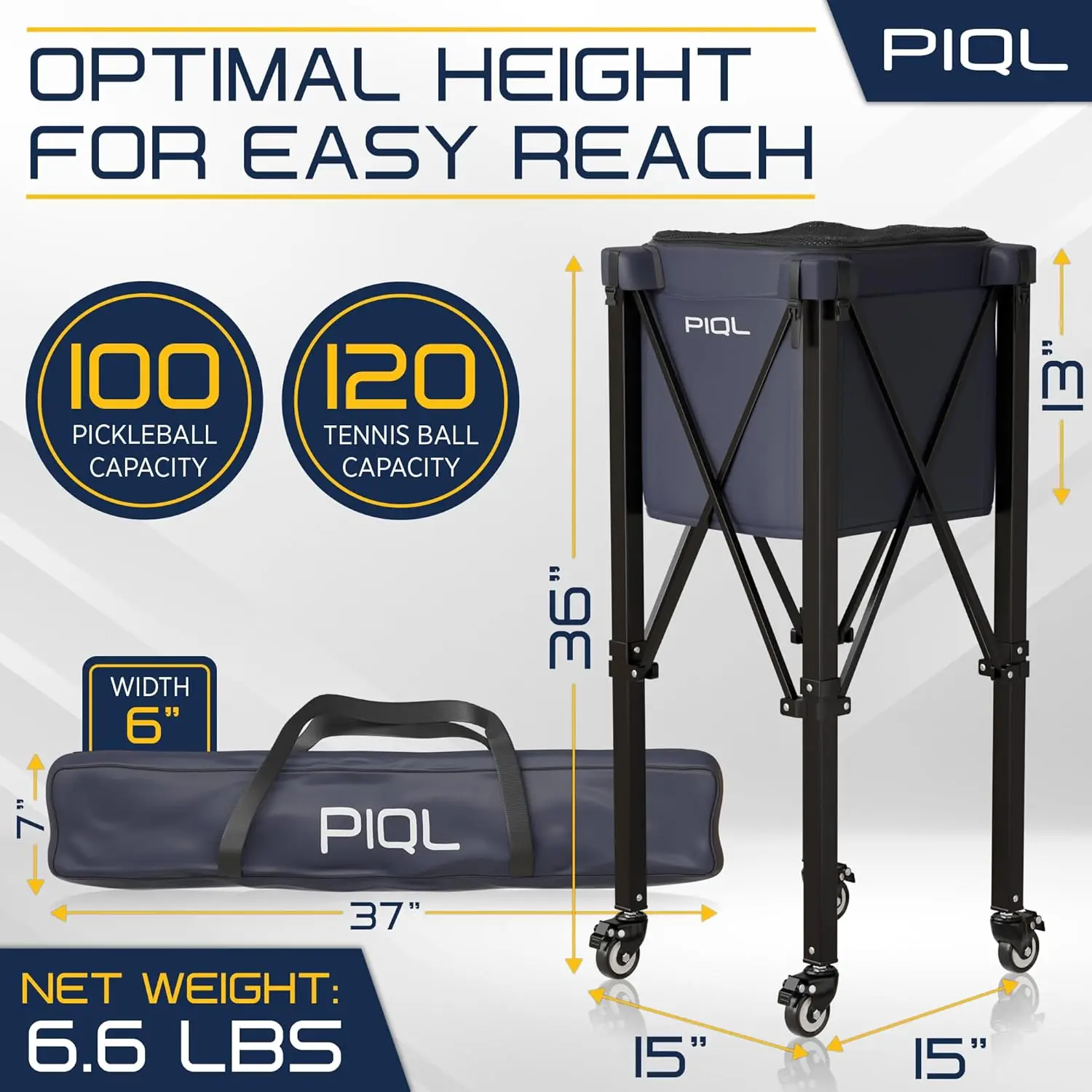 Navy Blue Pickleball Ball Caddy - Wheeled Cart, Storage Bag - 100 pickleball capacity - Tennis Ball Hopper