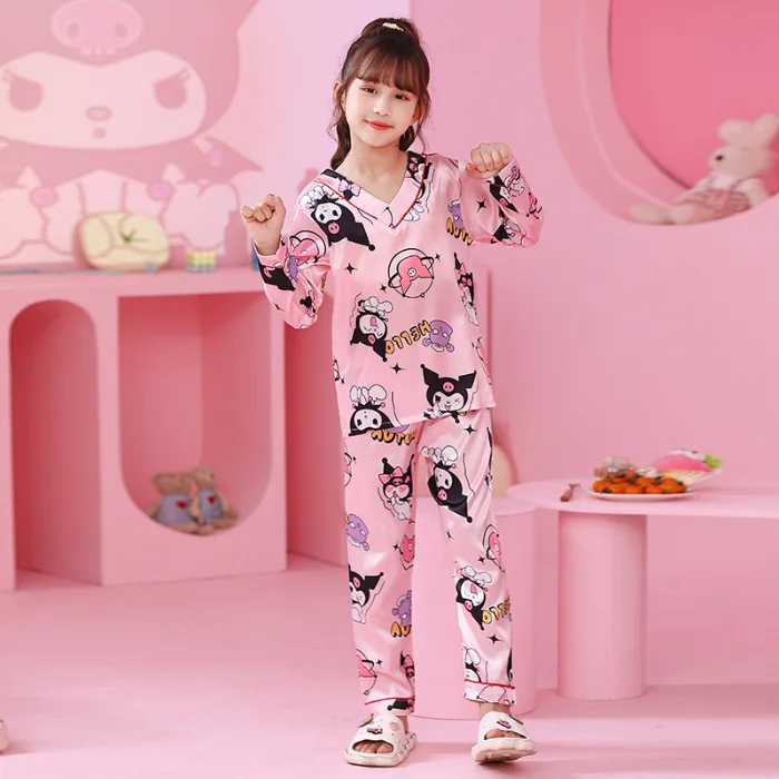 

Новинка Sanrio Kawaii Cinnamoroll Kuromi My Melody ледяной шелк с длинным рукавом Детский пижамный комплект летняя детская Жилая Одежда Набор Подарок