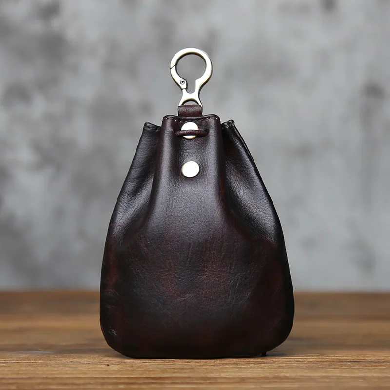 NZPJ Retro Genuine Leather Change Top Layer Cowhide Key Bag Lucky Bag Wallet Bundle Pocket Drawstring Storage Bag Coin Bag