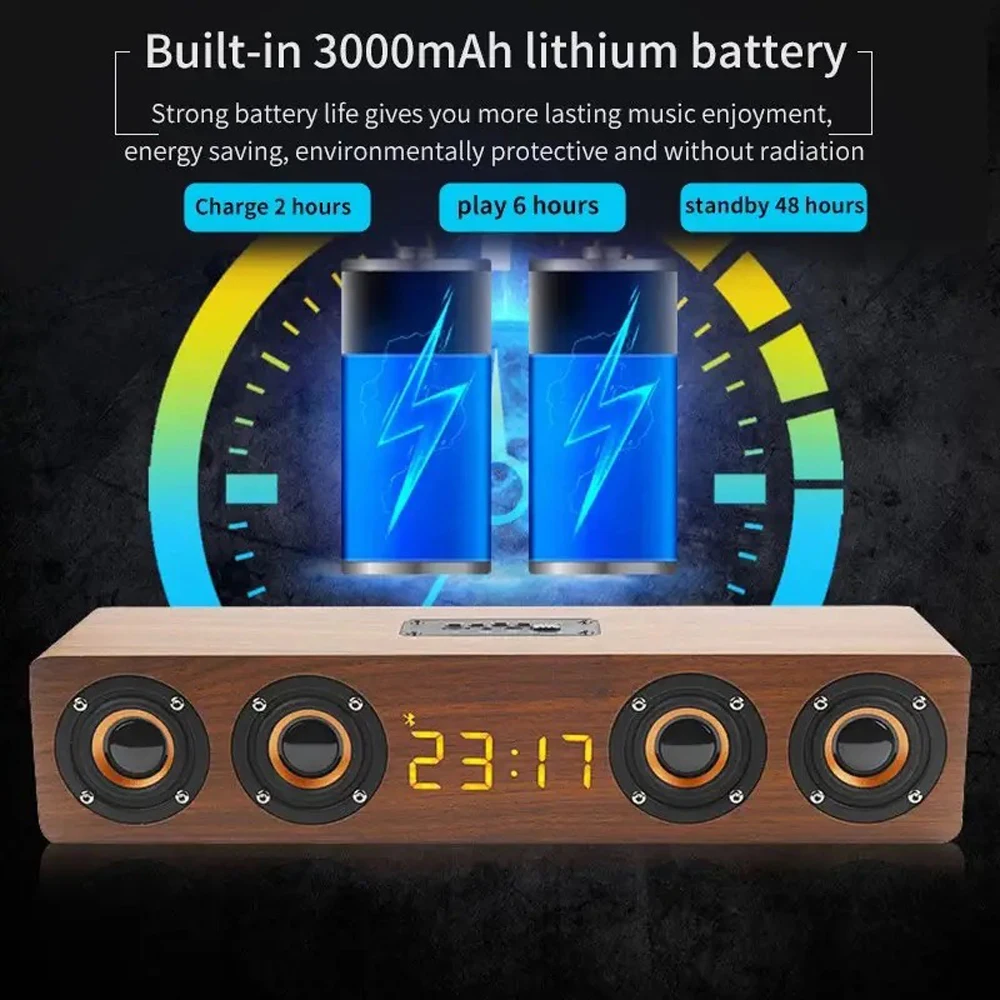 Rechargeable Bluetooth Wooden Alarm Clock with Soundbar Speaker and FM Radio
