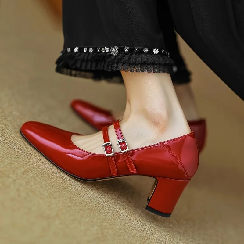 

Women Pumps 6 cm Mary Jane Shoes French Style Two Straps Elegant Buckle Spring Atumn Pumps Patent Leather Lady Shoes