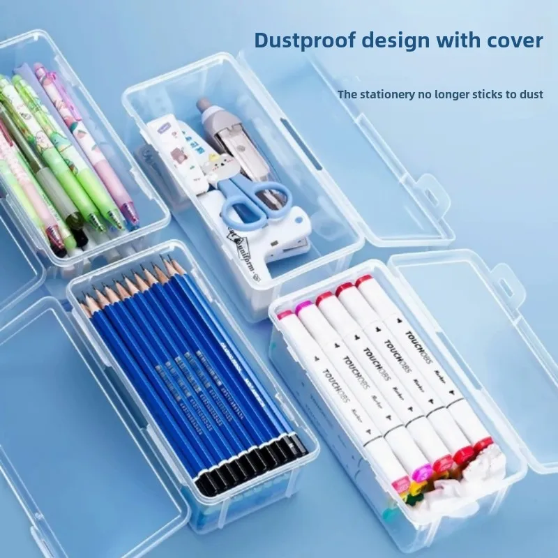 2Pcs Transparent Dustproof Waterproof PP Plastic Pencil Organizer Portable Stationery Storage Box for Students & Office Workers