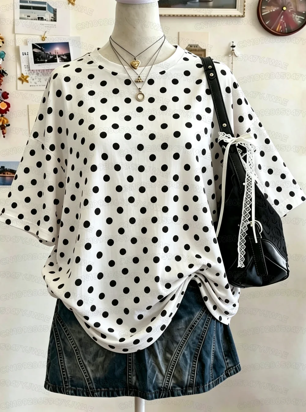 Sommer Y2K Polka Dot Print Lässiges Oversized Rundhals Drop-Shoulder Damen Kurzarm T-Shirt Street Casual Sport-Top