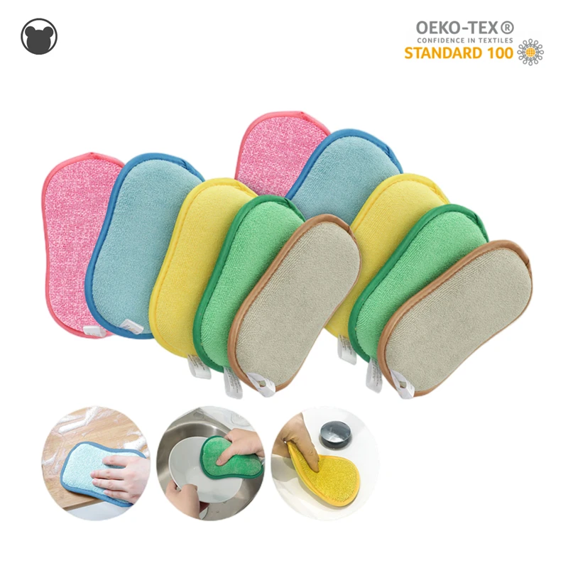 5/10pcs Microfiber Kitchen Scrub Sponges, TSV Dual Action Reusable Scouring Pads, Non-Scratch Household Dishes Washing Cloth, Heavy Duty Scrubber for