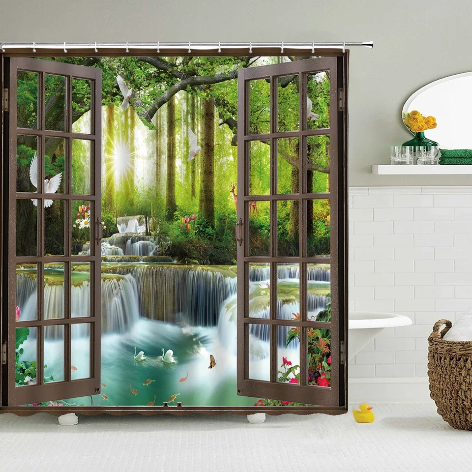 Bath Curtain 3d Printing Window Scenery Forest Shower Curtains 180*200cm Waterproof Washable Fabric With Hooks