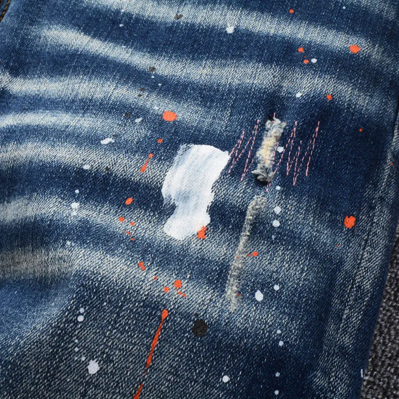 Streetwear Fashion Men Jeans Retro Washed Blue Stretch Slim Fit Ripped Jeans Men Painted Designer Vintage Denim Pants Hombre