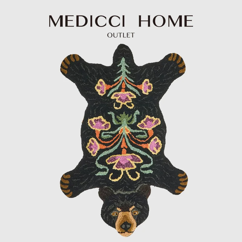 Medici 홈 Boho 블루밍 블랙 베어 러그 동물 모양의 카펫 핸드 터프 티드 영역 러그 Artisanal Craft Morroccan 현관 매트, 80x120cm