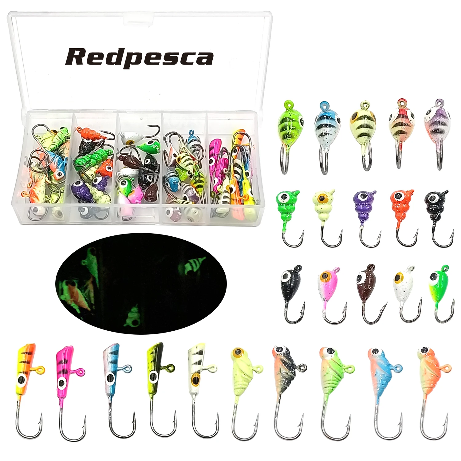 

50Pcs Ice Fishing Lures Tackle Box Kit 1.4g to 1.7g Small Mini Jig Heads Ice Fishing Jigs for Panfish Bass Crappie Walleye