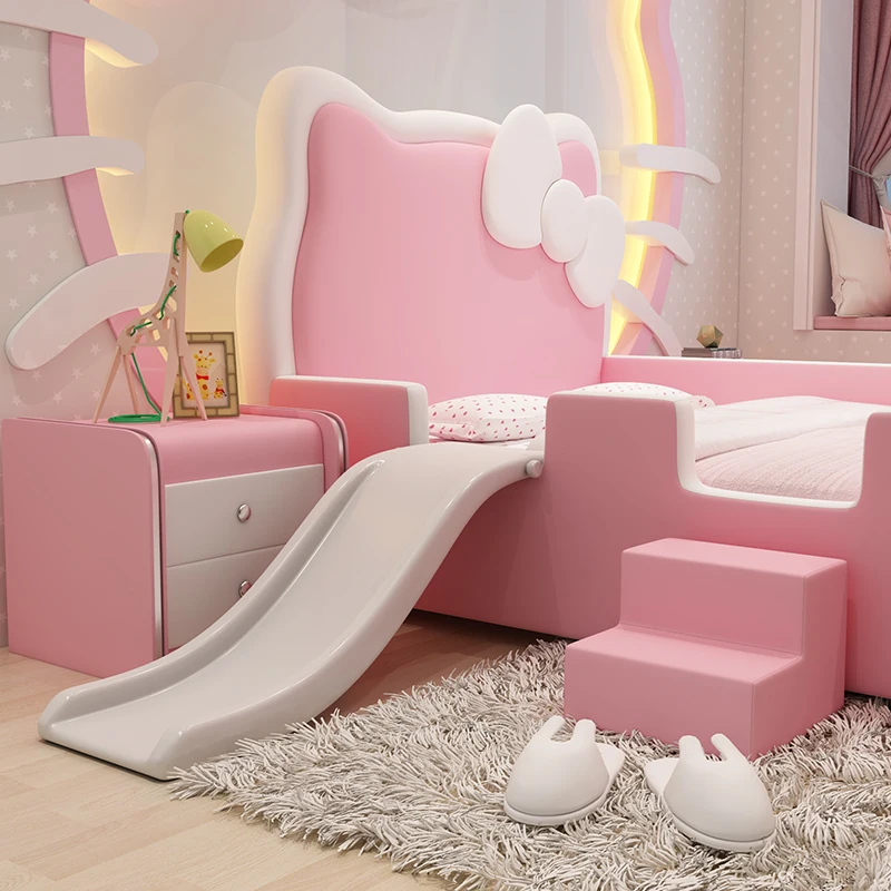 Children's bed girl princess bed 1.5 solid wood single bed pink Kitty cat slide bed cartoon leather bed with guardrail 4