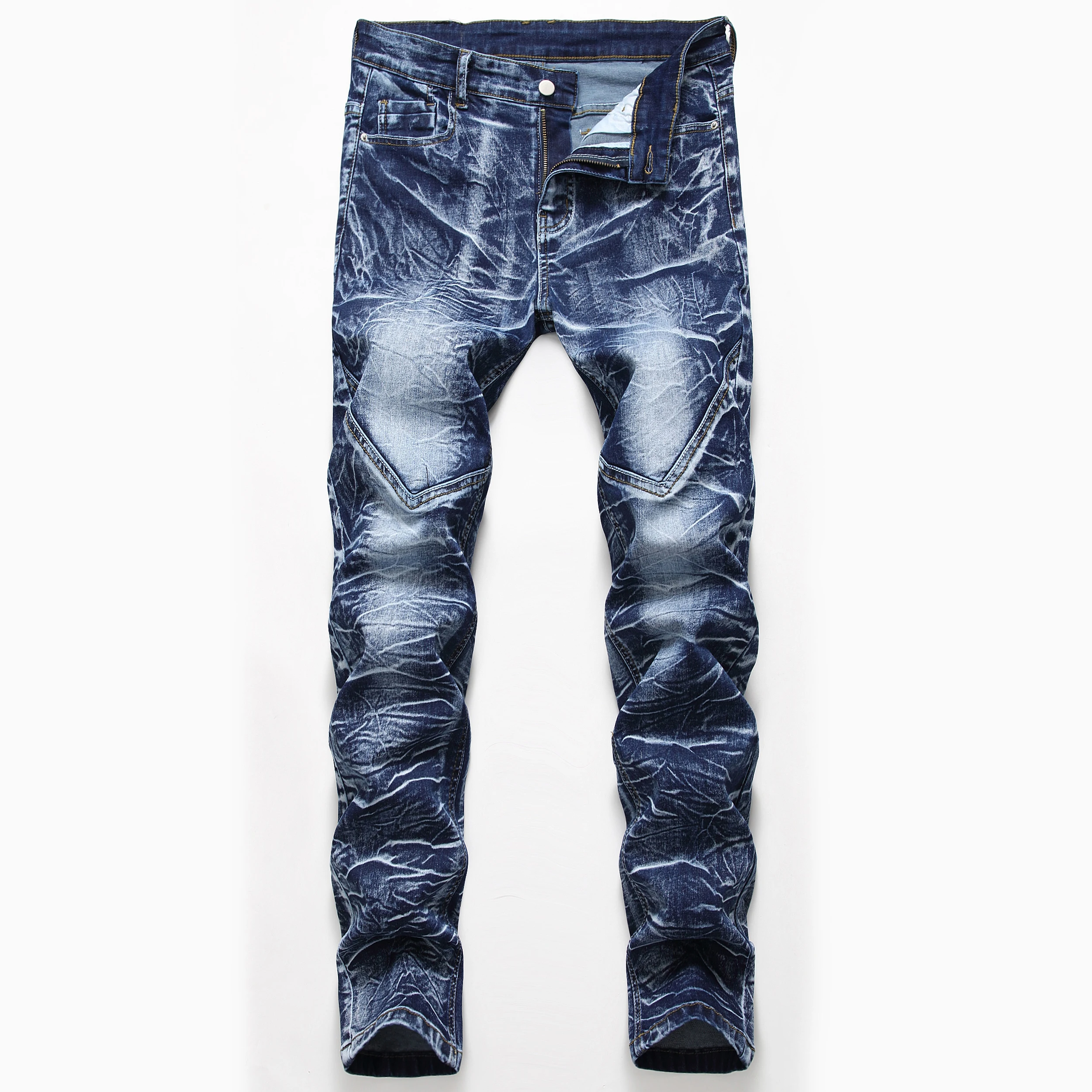 Men Autumn and Winter High Quality Mid Rise Small Feet Jeans Elastic Slim Straight Motorcycle Pants