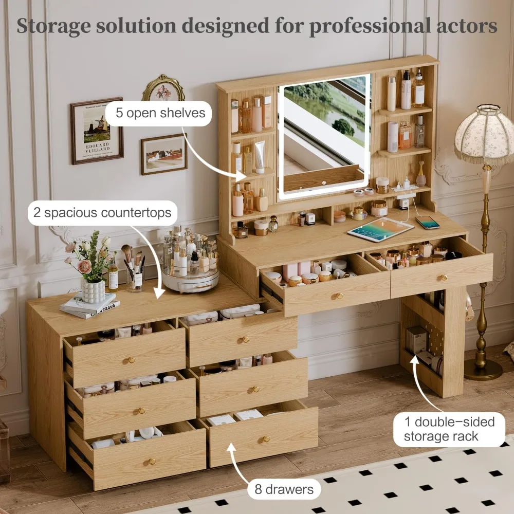 Makeup Vanity with Large Mirror, Light, and Charging Station, Modern Corner Makeup Vanity with 8 Storage Drawers and 8 Shelves 3