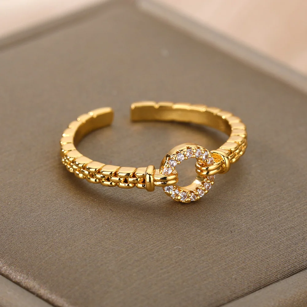 Zircon Fashion Stainless Steel Rings O Shape Geometric Open Adjustable For Women Gold Color Jewelry