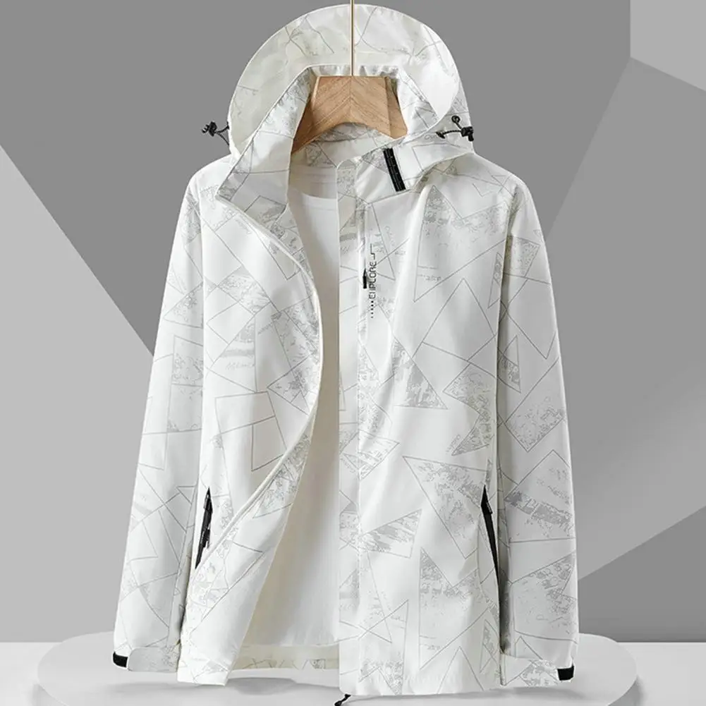 Unisex Windproof Jacket Geometric Print Unisex Windbreaker Stylish Windproof Outdoor Coat with Hood Zipper Pockets for Fall