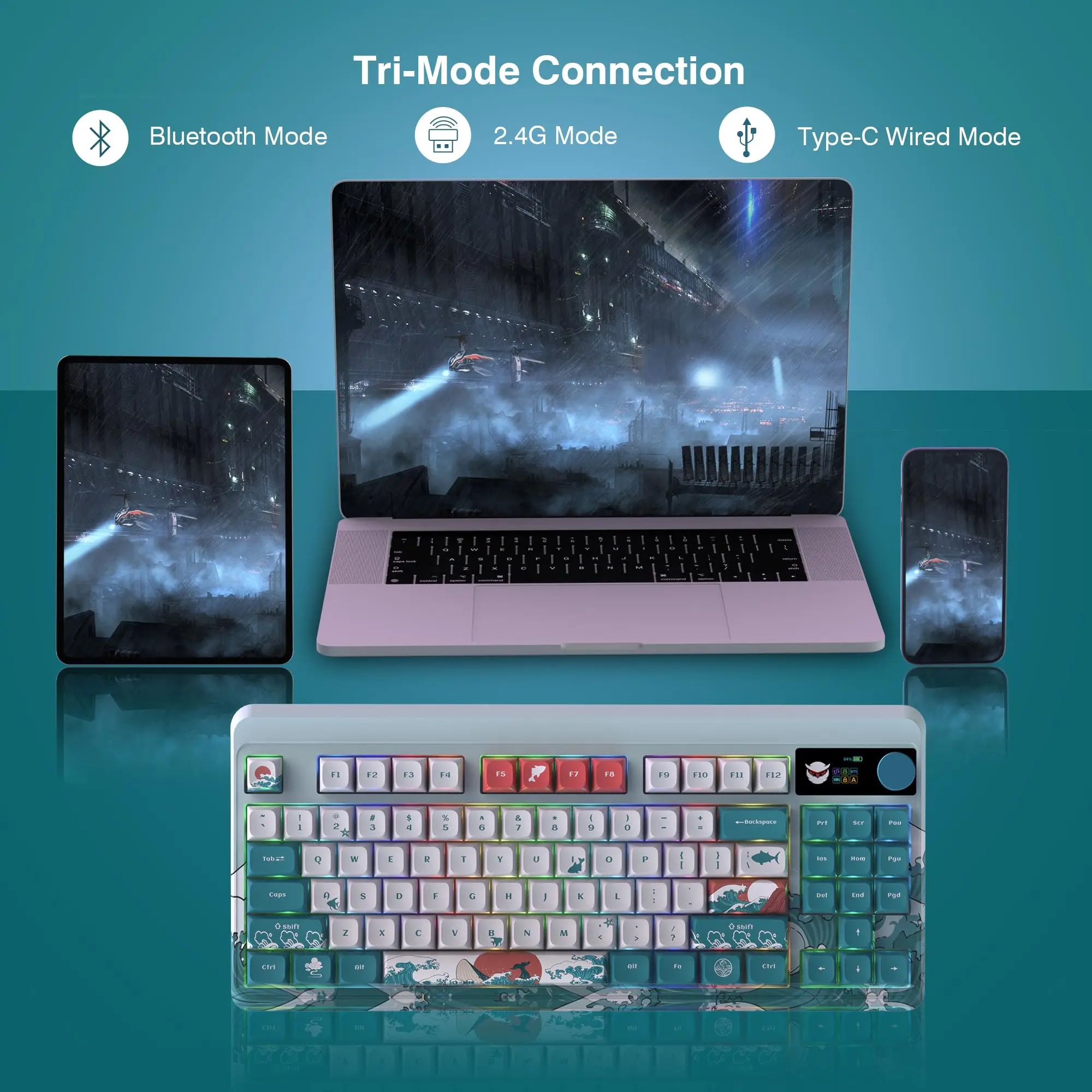 핫 스왑 TKL RGB 게이머 키보드, M87 Pro, 블루투스, 2.4GHz, USB-C 무선 기계식 키보드, 컬러 OLED 디스플레이 및 노브 포함