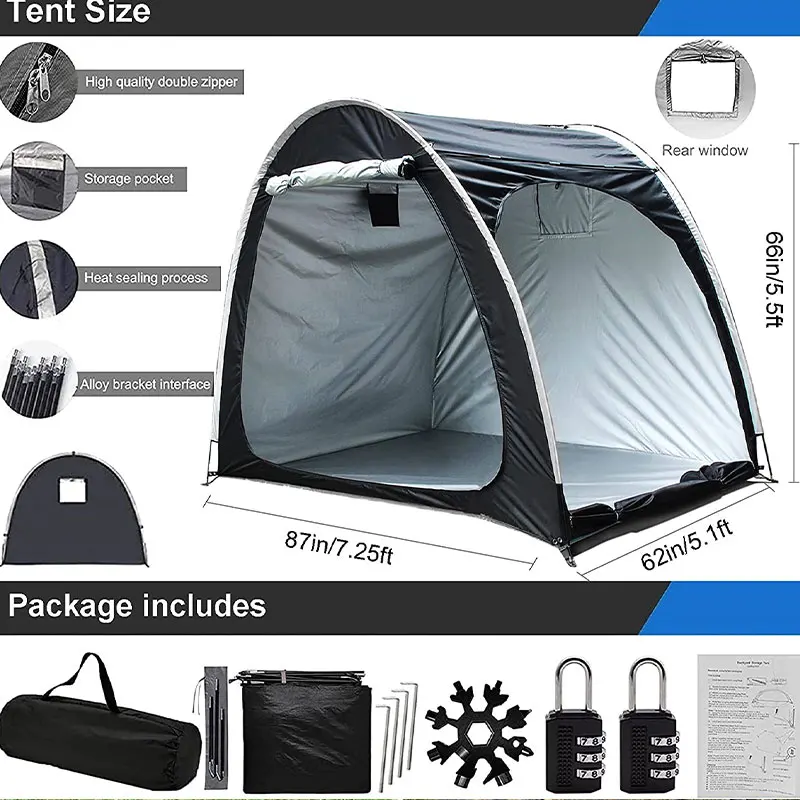 Bike Storage Shed Two Doors Can Store 3-4 Bicycles Oxford Fabric Material with Multi Tool and 2pcs Combination Lock