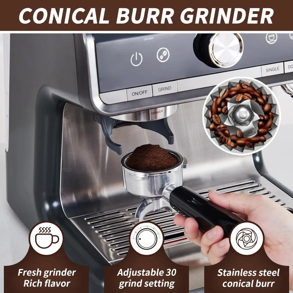 

h Grinder, Professional Espresso Maker with Milk Frother Steam Wand, 20 Bar Barista Cappuccino Machine,1450W