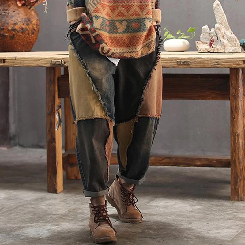 Spring and Autumn 2022 New Color Contrast Patch Harun Jeans Large Loose Vintage Washed and Worn Down Pants Fashion