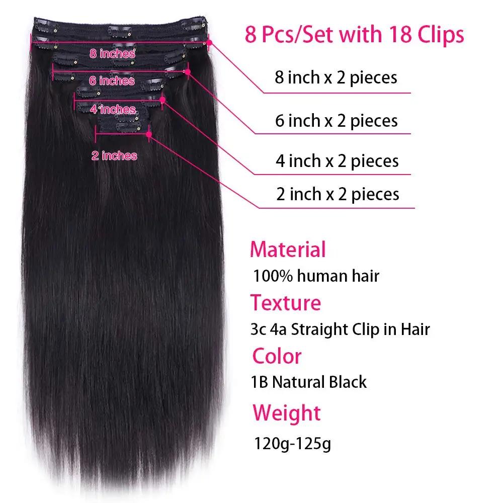 Extensions de cheveux lisses à clipser pour femmes, 120 cheveux humains brésiliens vierges, double trame 100% g, noir naturel, document