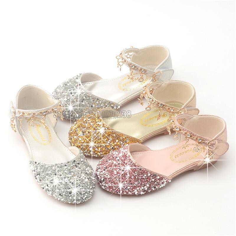 Girls Children Leather Sandals Sequins Kids Princess Party 26-38 Kids Dress High-heeled Shoes