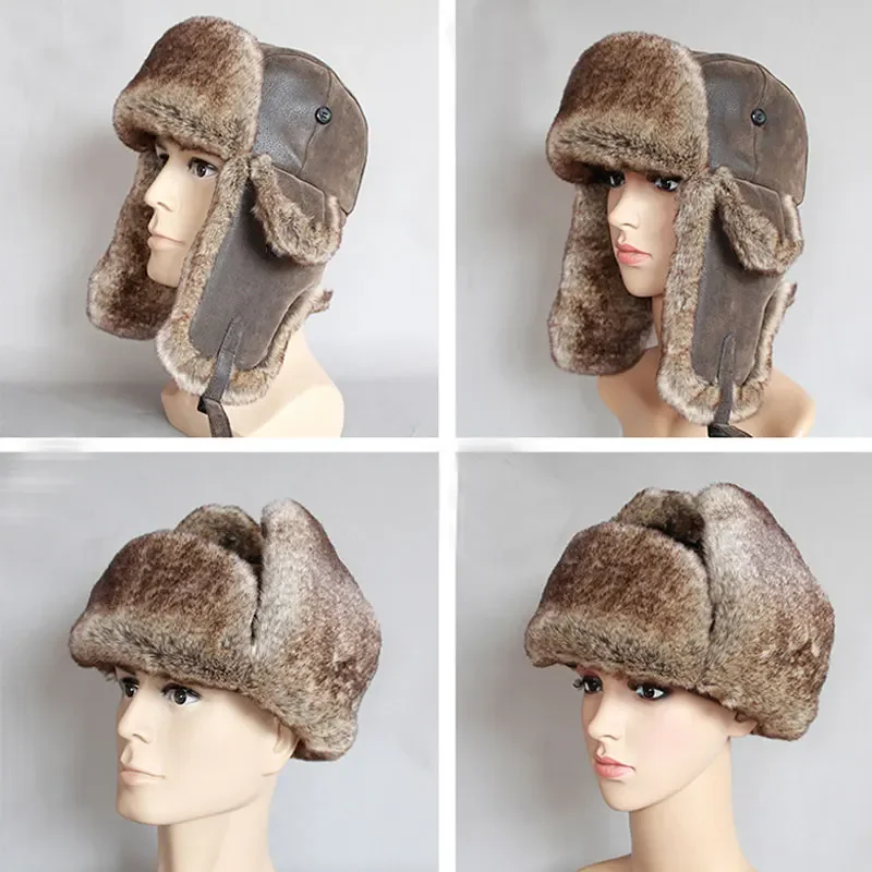 Adult Bomber Hats Winter Men Warm Windproof Russian Ushanka Hat With Ear Flap Pu Leather Fur Man Male Trapper Cap Earflap - 5